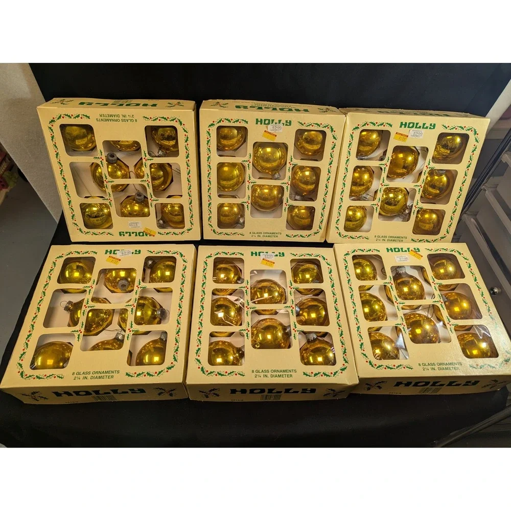 Holly Glass Christmas Ornaments Gold Round Ball 2.25in Set of 6 Boxes 48 Total